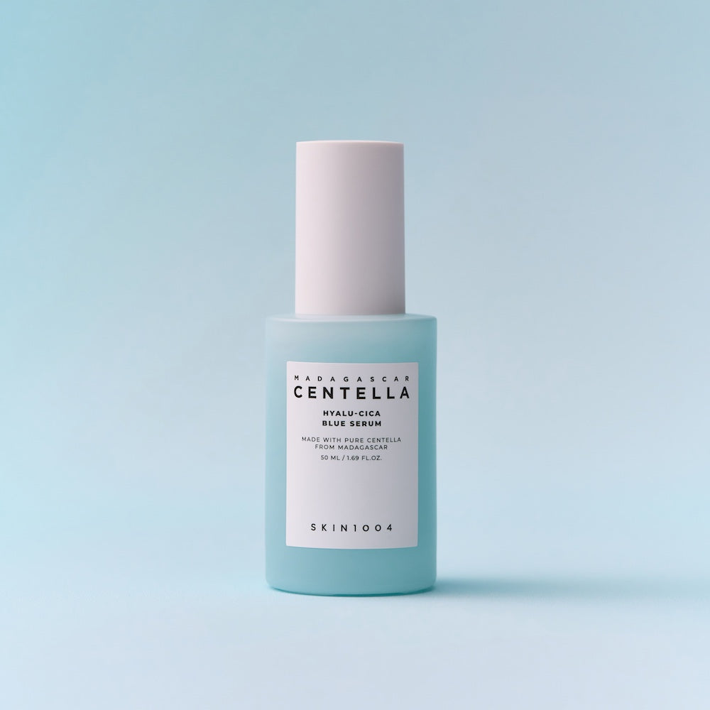 SKIN1004 Madagascar Centella Hyalu-Cica Blue Serum 50ml facial serum bottle on a white background