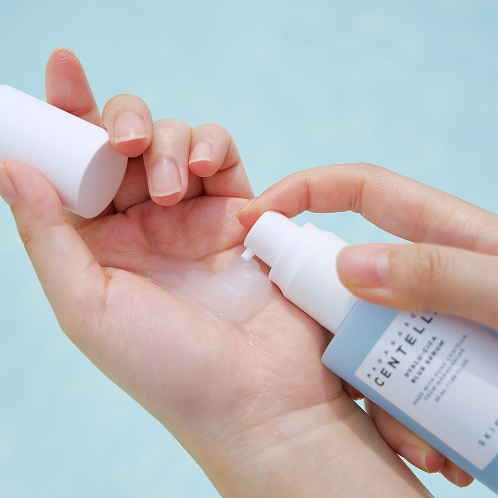 SKIN1004 Madagascar Centella Hyalu-Cica Blue Serum 50ml facial serum bottle on a white background