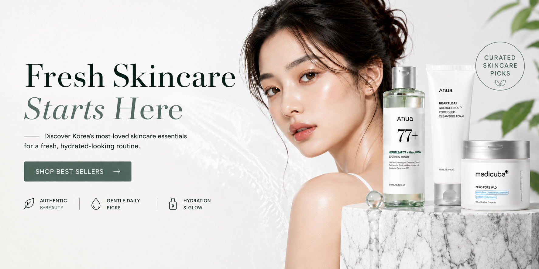 A promotional skincare banner with a woman on the right and several skincare bottles and tubes on a marble pedestal. Text on the left reads 'Fresh Skincare Starts Here' with a 'Shop Best Sellers' button and small feature icons.