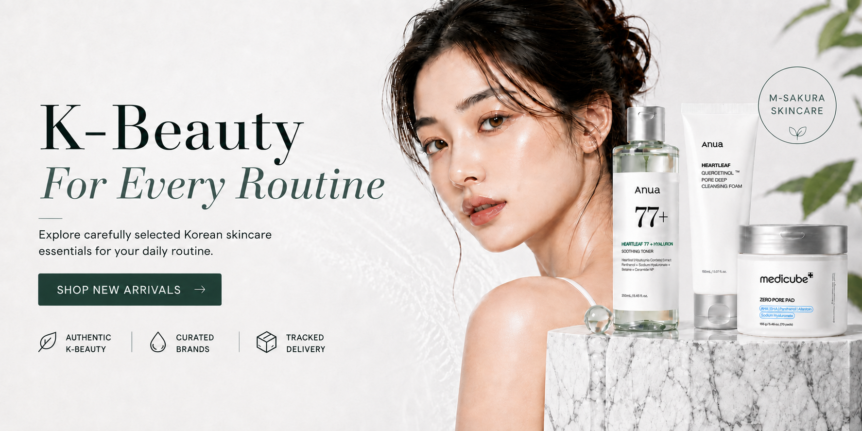 A promotional banner for K-Beauty skincare featuring a woman on the right with several skincare products on a marble pedestal, including Atrius 77+ and medcube+. Text on the left reads 'K-Beauty For Every Routine' with a 'SHOP NEW ARRIVALS' button.